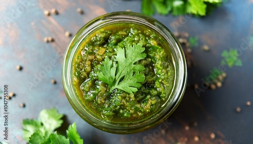 overhead view of a jar of traditional green georgian adjika ajika with coriander photo