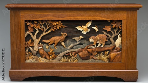 A wooden cabinet featuring nature-themed inlays, showcasing wildlife and natural elements in detailed craftsmanship.