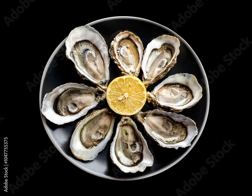 oyster isolated on black background one french open oyster rotating healthy sea food fresh oyster dinner in restaurant gourmet food sea food top view flat lay