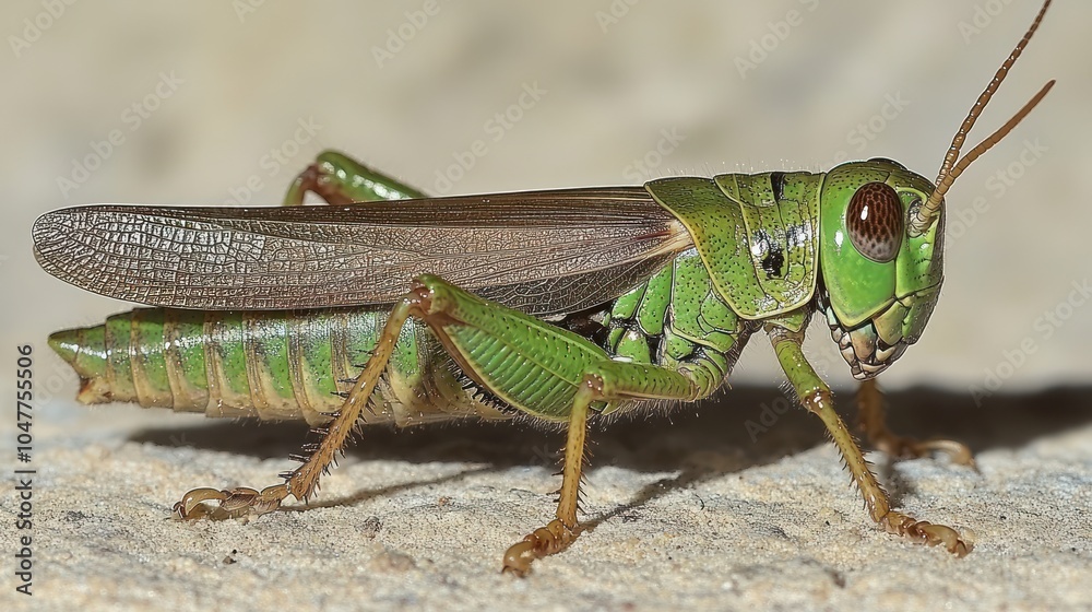A green grasshopper with long antennae perched on a rock. A green grasshopper with long antennae perched on a rock.