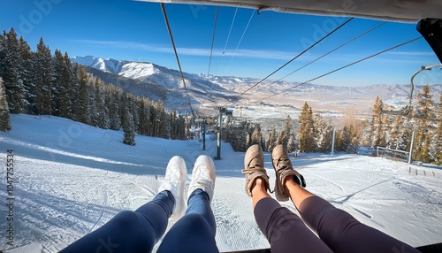 personal perspective view of two women s legs outstretched on a ski lift sundance utah usa photo