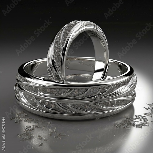 posh glossy platinum rings interlaced interconnected with a corona of flittering flakes isolated 3d cad rendering floor shadow photo