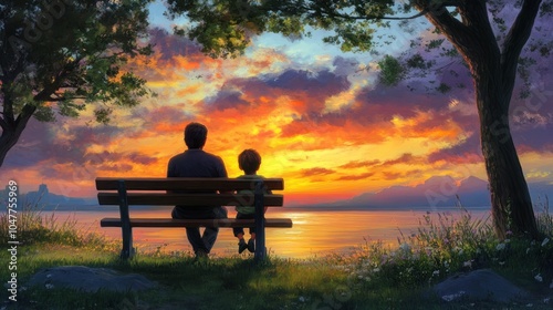 A father and son sit on a bench by a lake, watching a beautiful sunset.