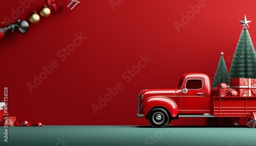 red truck with santa claus and christmas symbols on vibrant red background christmas banner design with copy space on red background 3d rendering 3d illustration
