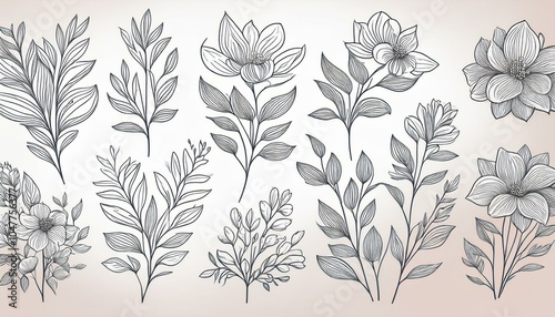 set of flower line art bouquets floral sketch plant spring hand drawn leaf minimal floral abstract leaves design wedding logo illustration in outline style