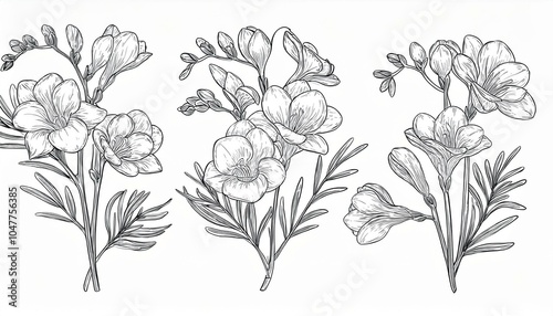 set of freesia flower line art floral logo hand drawn sketch wild bouquet abstract elegant spring leaves black vintage botanical floral branch  illustration in outline style