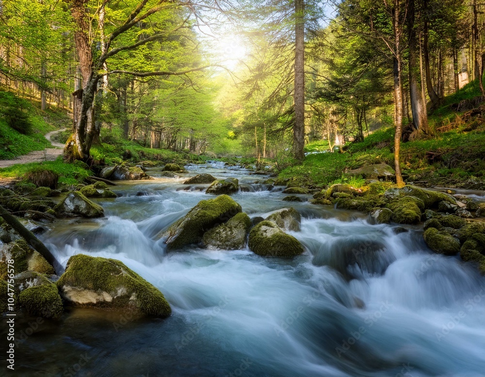 spring forest nature landscape beautiful spring stream river rocks in mountain forest spring forest nature landscape beautiful spring stream river rocks in mountain forest