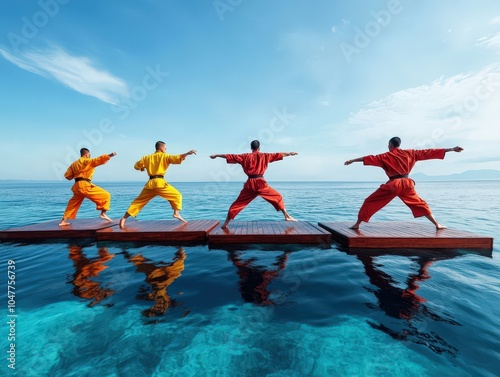 Four individuals in vibrant yellow and red robes perform synchronized stances on wooden platforms above a clear blue sea, reflecting balance and harmony with nature. photo