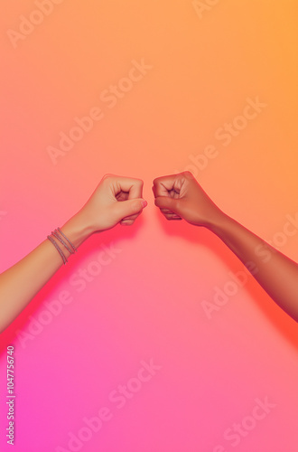 Two women arm wrestling with interlaced fingers against a solid pink and orange background, showcasing jewelry on their arms. photo