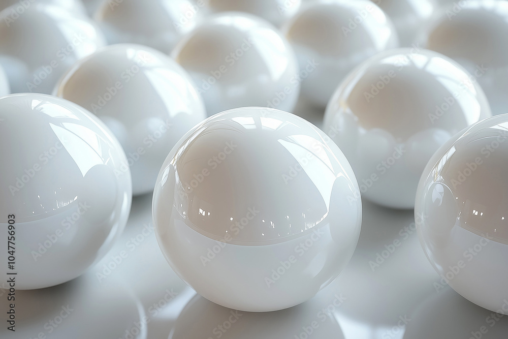 A collection of glossy white balls arranged in a creative geometric pattern on a reflective surface, showcasing modern design concepts