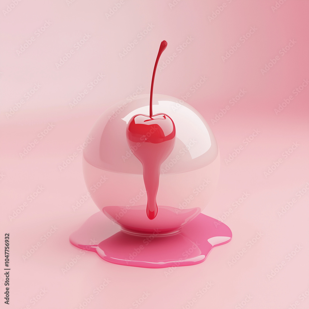 Obraz premium Pink sphere with a red cherry inside, dripping on a pink background. Minimalist concept photography.