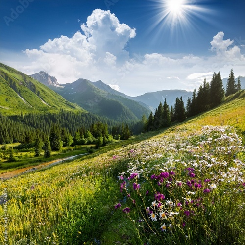 summer landscape with flowers in the mountains