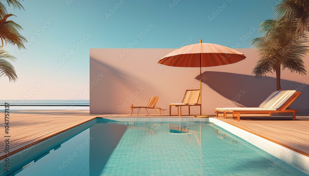 Fototapeta premium swimming pool with beach chair and umbrella summer vacation concept 3d rendering