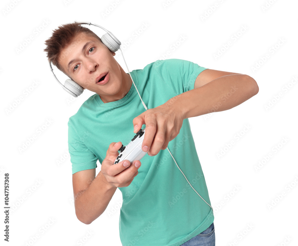 Young man in headphones playing video games with controller on white background Young man in headphones playing video games with controller on white background