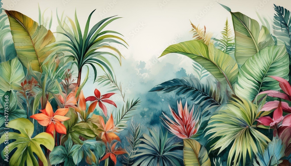 Φωτογραφία watercolor mural of lush tropical jungle with vibrant flora wall art wallpaper