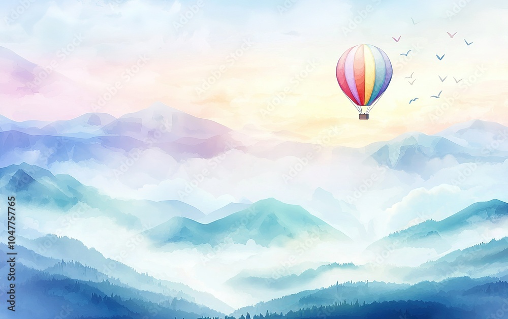Fototapeta premium A colorful hot air balloon floats serenely over misty mountains at dawn, showcasing a peaceful morning landscape