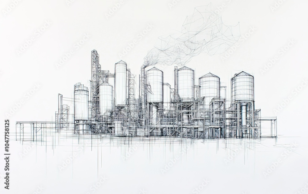 Detailed sketch of an industrial facility with silos, pipes, and smoke rising in the background, showcasing engineering and design Detailed sketch of an industrial facility with silos, pipes, and smoke rising in the background, showcasing engineering and design