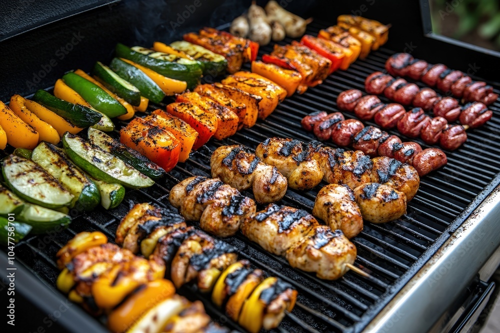 An array of vegetables and meats is perfectly grilled on an outdoor barbecue, exuding flavors and aromas, symbolizing culinary delight and communal celebration.