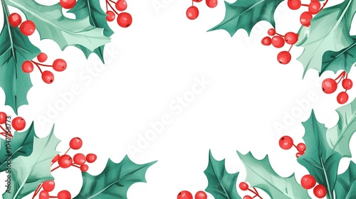 Festive border design featuring holly leaves and bright red berries for holiday celebrations and seasonal greetings