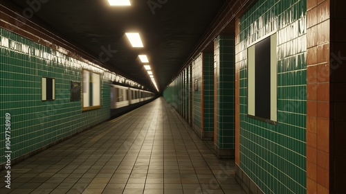 A quiet subway corridor with green tiled walls during late evening hours, showcasing empty platforms and dim lighting