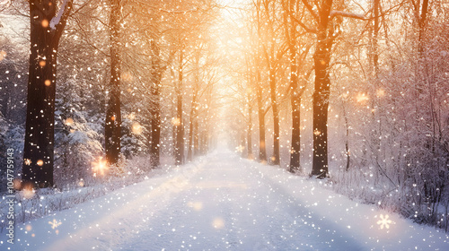 A winter wonderland path, blanketed in fresh snow, bathed in golden sunlight.