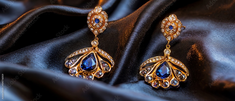 Elegant golden earrings with blue gemstones, showcasing intricate design, set against a luxurious black silk background. Perfect for formal occasions. Elegant golden earrings with blue gemstones, showcasing intricate design, set against a luxurious black silk background. Perfect for formal occasions.