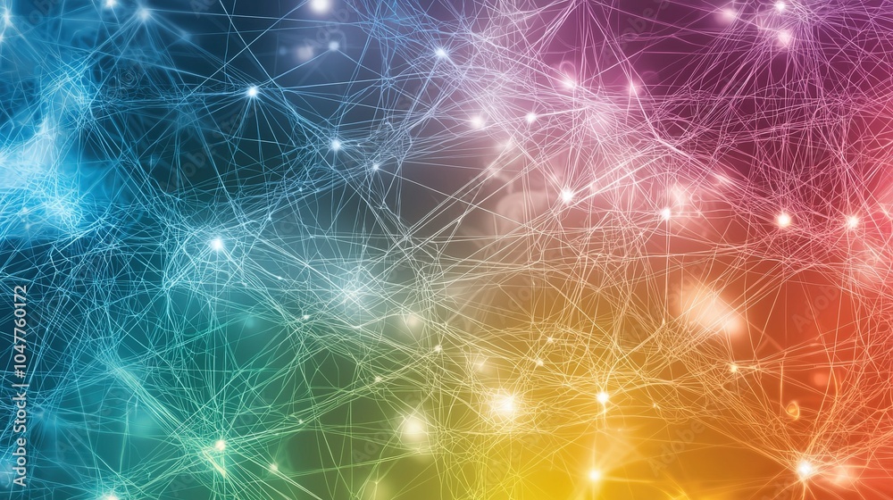 Abstract digital artwork showcasing a vibrant network of interconnected lines and glowing nodes in a colorful gradient background Abstract digital artwork showcasing a vibrant network of interconnected lines and glowing nodes in a colorful gradient background