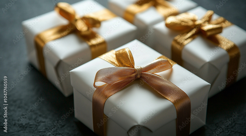 Elegant white gift boxes tied with golden ribbons on a dark background, symbolizing sophisticated holiday gifting