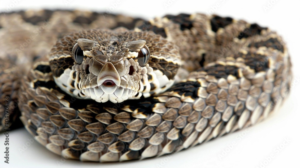 Bullsnake is elegantly coiled revealing its unique patterned scales against a bright white background emphasizing its non venomous nature and fascinating details. Bullsnake is elegantly coiled revealing its unique patterned scales against a bright white background emphasizing its non venomous nature and fascinating details.