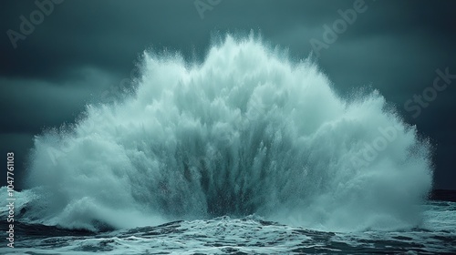 A large wave crashes against a rocky outcrop, creating a spectacular spray of water. photo