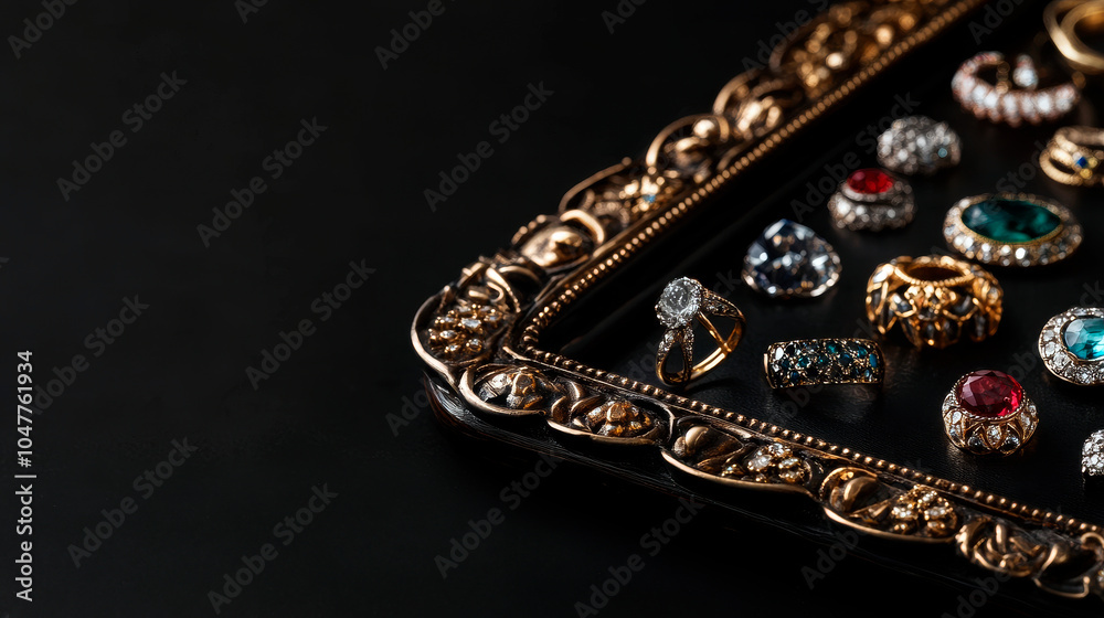 Jewelry tray with rings and gems, space for copy Jewelry tray with rings and gems, space for copy