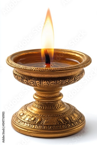 Golden Brass Diya Oil Lamp with Flame on White Background