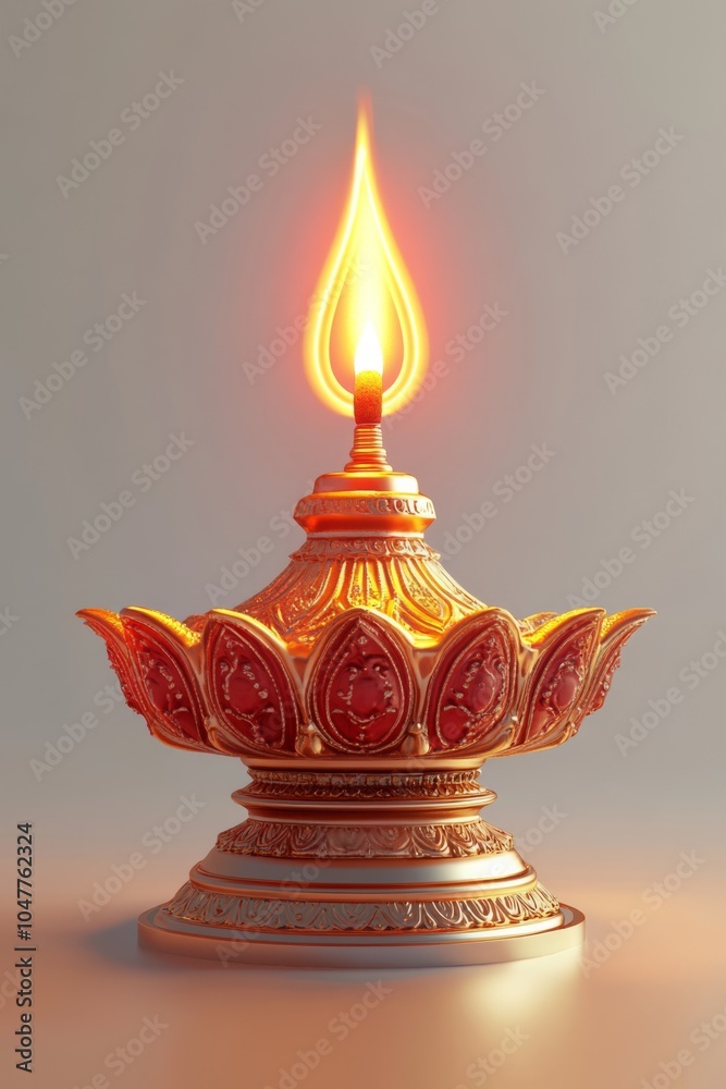 Intricate Brass Diya Oil Lamp with Glowing Flame and Ornate Design Intricate Brass Diya Oil Lamp with Glowing Flame and Ornate Design