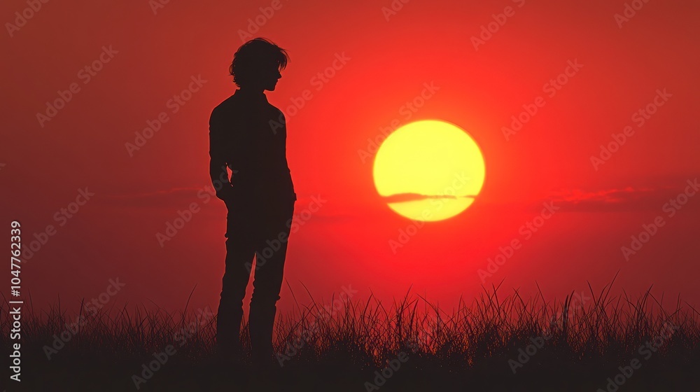 A lone silhouette of a person stands in tall grass, watching the sun set in a fiery sky.