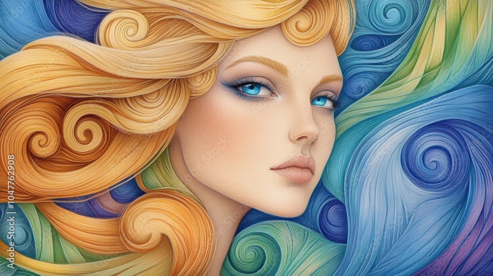 Fototapeta premium Elegant woman with flowing hair in vibrant colors, AI