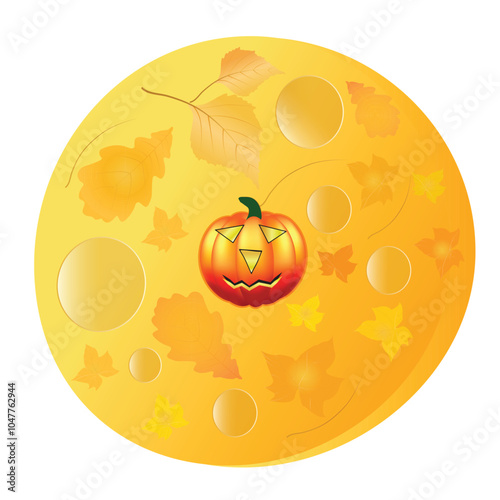 Autumn leaves wth shiny moon and pumpkin