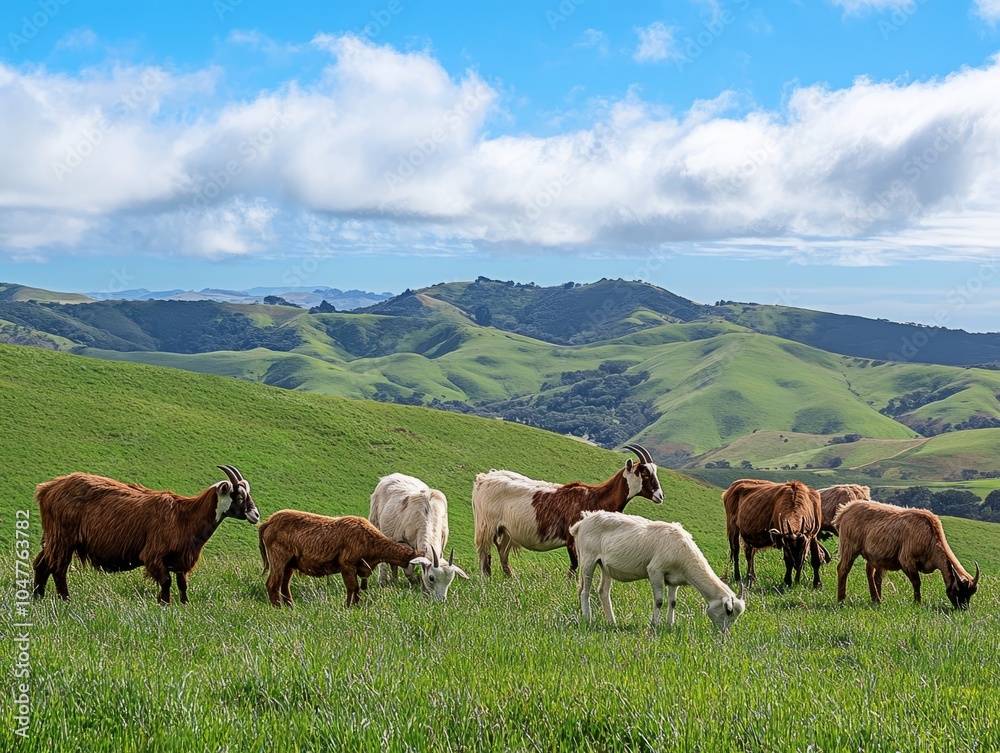 Naklejka premium A group of brown and white goats grazing together on a green pasture