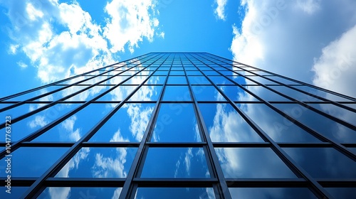 A low angle view of a modern skyscraper with a blue sky and white clouds reflecting in the glass facade.