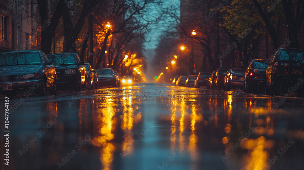 Wet City Street at Night with Car Reflections and Street Lights Wet City Street at Night with Car Reflections and Street Lights