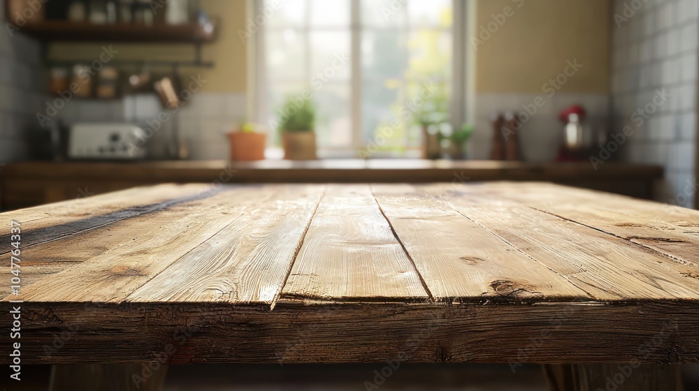 A rustic wooden table with space for decor, complemented by a softly blurred kitchen background. A rustic wooden table with space for decor, complemented by a softly blurred kitchen background.