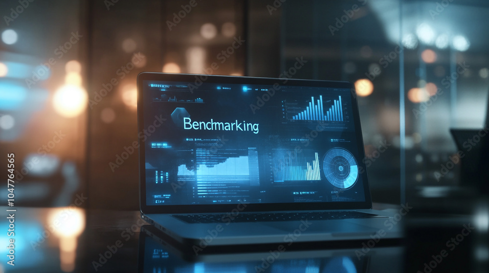 Laptop Screen Showing Business Data Analysis and Benchmarking Laptop Screen Showing Business Data Analysis and Benchmarking