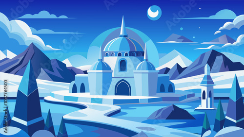 A majestic winter castle surrounded by snow-covered mountains under a starry night sky with a glowing moon