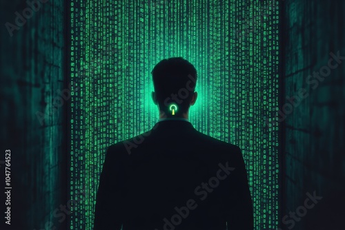 A mysterious figure stands in front of a green digital backdrop, symbolizing the intersection of technology and enigma.