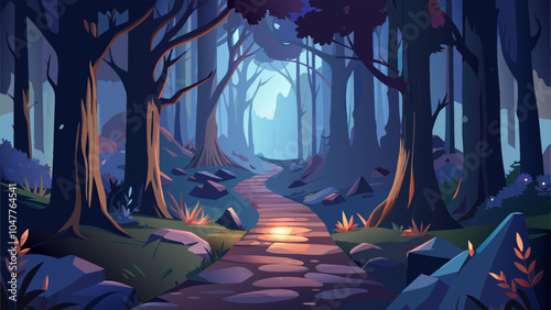 A tranquil forest pathway illuminated by soft light, surrounded by tall trees and rocky terrain during twilight hours