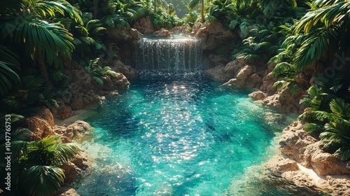 A serene tropical oasis featuring a waterfall and clear blue waters surrounded by lush greenery.