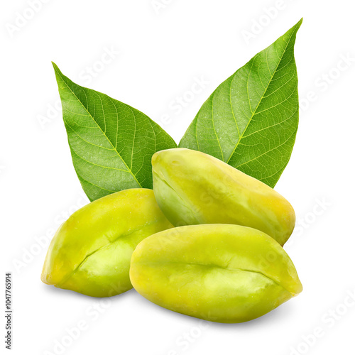 Wallpaper Mural Shelled pistachios and green leaves on white background. Tasty nut Torontodigital.ca