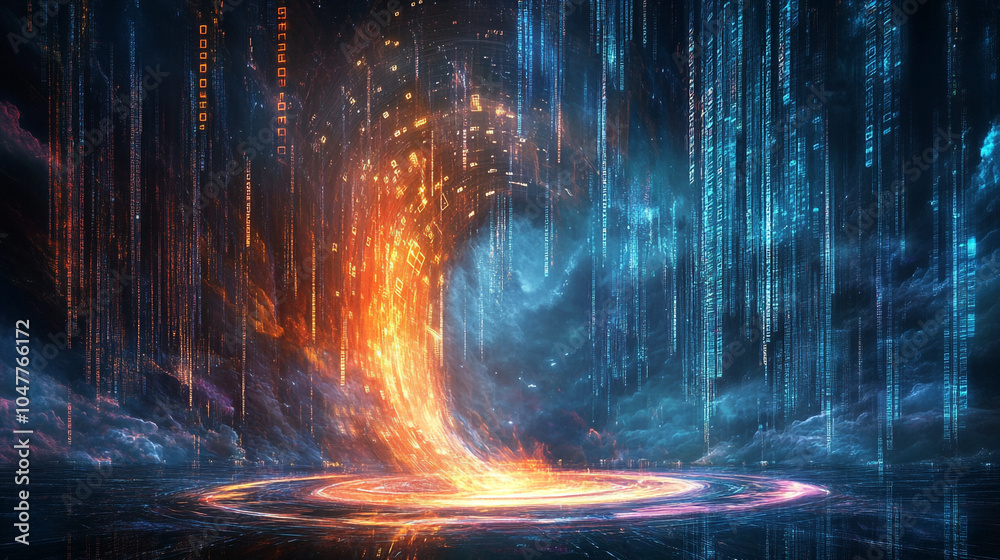 Abstract Digital Art with Orange and Blue Energy Flowing Through a Dark Portal