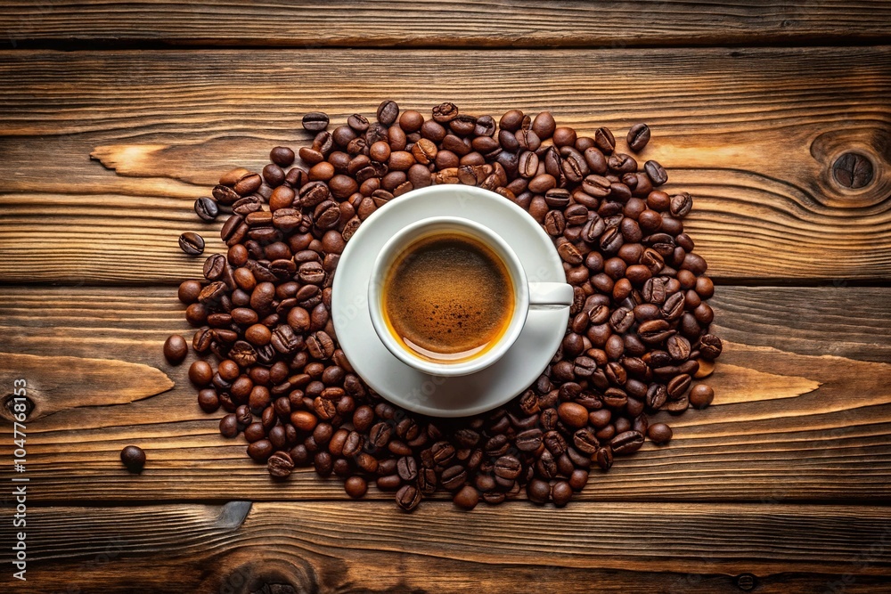 Symmetrical cup of coffee with beans on a wooden table