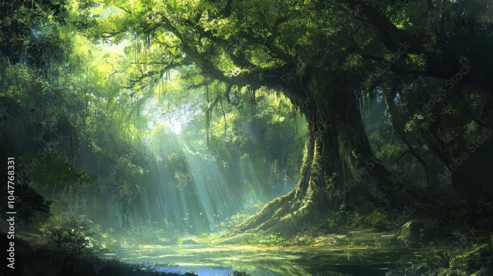 Obraz premium Serene Forest Scene with Sunlight Through Trees