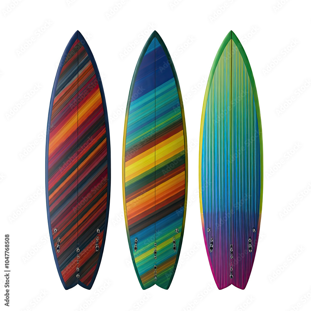 Three Colorful Surfboards on Transparent Background Three Colorful Surfboards on Transparent Background
